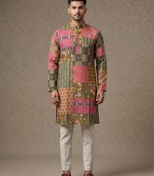 Multi-colour digital patchwork print cotton blend straight mandarin collar men's kurta