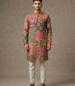 Multi-colour digital patchwork print cotton blend straight mandarin collar men's kurta
