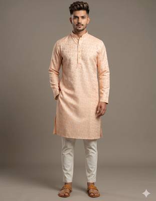 Light orange woven floral silk blend straight men's kurta 1