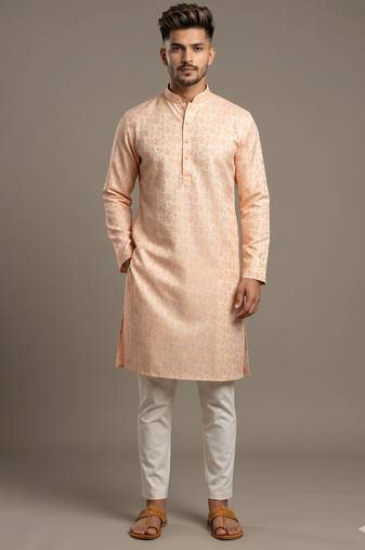 Light orange woven floral silk blend straight men's kurta