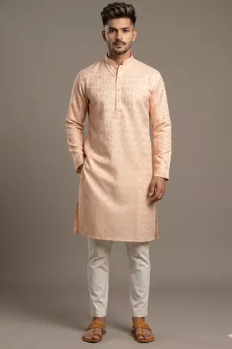 Light orange woven floral silk blend straight men's kurta