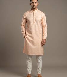 Light orange woven floral silk blend straight men's kurta