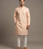 Light orange woven floral silk blend straight men's kurta