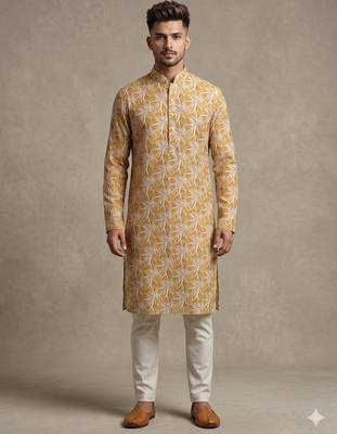 Mustard yellow tropical leaf printed faux silk blend straight mandarin collar men's kurta 1