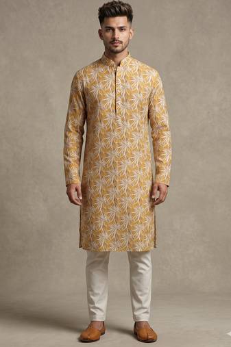 Mustard yellow tropical leaf printed faux silk blend straight mandarin collar men's kurta