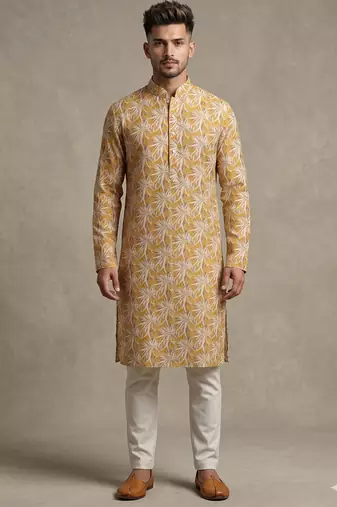 Mustard yellow tropical leaf printed faux silk blend straight mandarin collar men's kurta