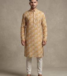 Mustard yellow tropical leaf printed faux silk blend straight mandarin collar men's kurta