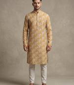 Mustard yellow tropical leaf printed faux silk blend straight mandarin collar men's kurta