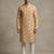 Mustard yellow tropical leaf printed faux silk blend straight mandarin collar men's kurta