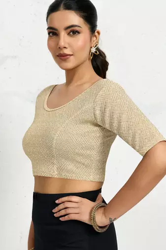 Polyester elastane zari stretchable half sleeve ready to wear blouse for women