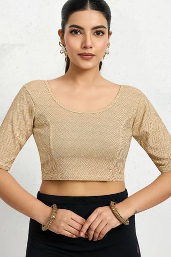 Polyester elastane zari stretchable half sleeve ready to wear blouse for women