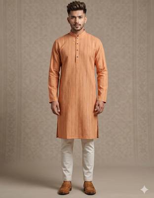 Light orange woven textured khadi cotton straight mandarin collar men's kurta 1