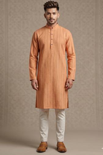 Light orange woven textured khadi cotton straight mandarin collar men's kurta