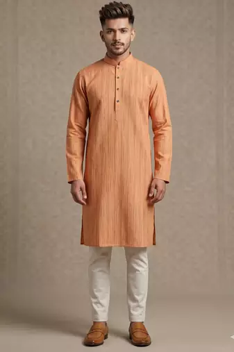 Light orange woven textured khadi cotton straight mandarin collar men's kurta