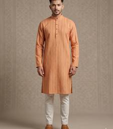 Light orange woven textured khadi cotton straight mandarin collar men's kurta