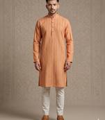 Light orange woven textured khadi cotton straight mandarin collar men's kurta
