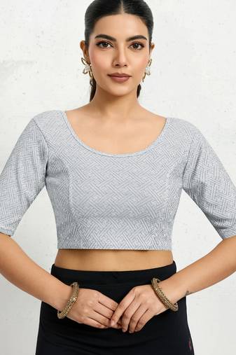 Polyester elastane zari stretchable half sleeve ready to wear blouse for women