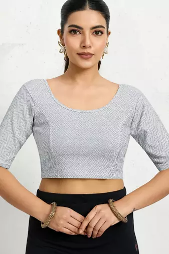 Polyester elastane zari stretchable half sleeve ready to wear blouse for women