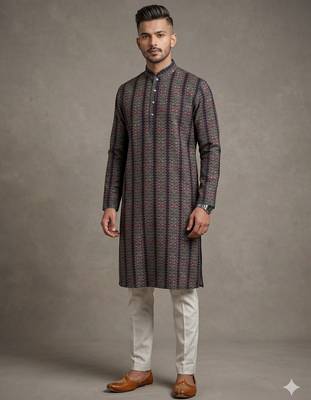 Black floral digital print art silk mandarin collar men's kurta 1