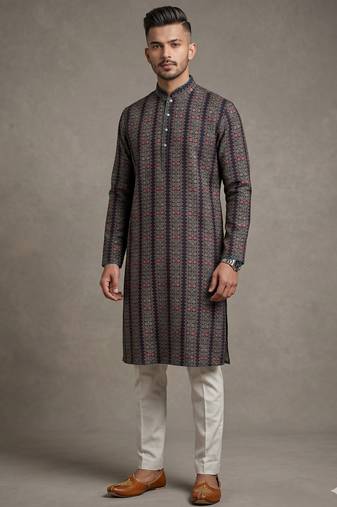 Black floral digital print art silk mandarin collar men's kurta