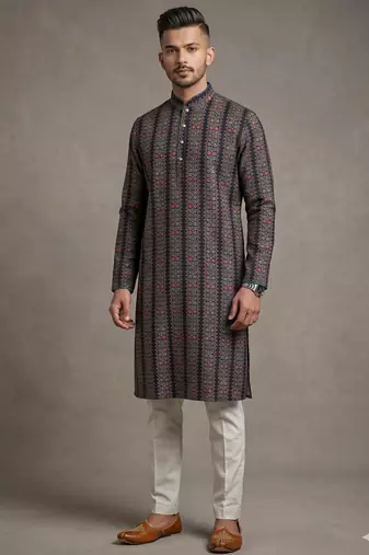 Black floral digital print art silk mandarin collar men's kurta