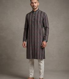 Black floral digital print art silk mandarin collar men's kurta