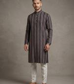Black floral digital print art silk mandarin collar men's kurta