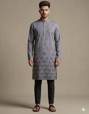 Grey digital printed faux silk blend mandarin collar straight men's kurta 1