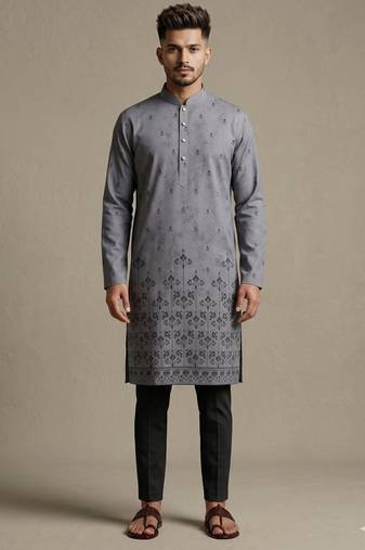 Grey digital printed faux silk blend mandarin collar straight men's kurta