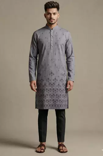 Grey digital printed faux silk blend mandarin collar straight men's kurta