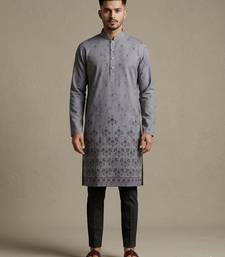 Grey digital printed faux silk blend mandarin collar straight men's kurta