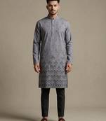 Grey digital printed faux silk blend mandarin collar straight men's kurta