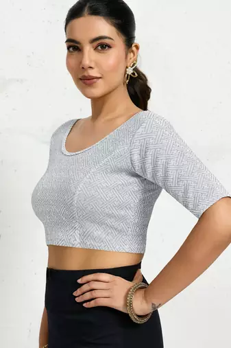 Polyester elastane zari stretchable half sleeve ready to wear blouse for women