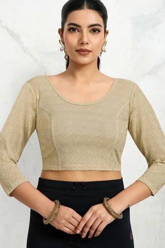 Polyester elastane zari stretchable elbow sleeve ready to wear blouse for women