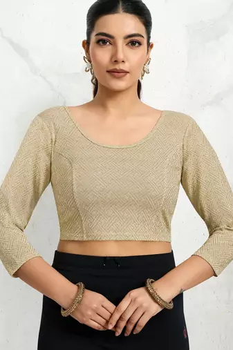 Polyester elastane zari stretchable elbow sleeve ready to wear blouse for women