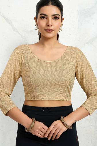 Polyester elastane zari stretchable elbow sleeve ready to wear blouse for women