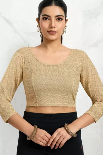 Polyester elastane zari stretchable elbow sleeve ready to wear blouse for women