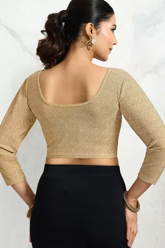 Polyester elastane zari stretchable elbow sleeve ready to wear blouse for women