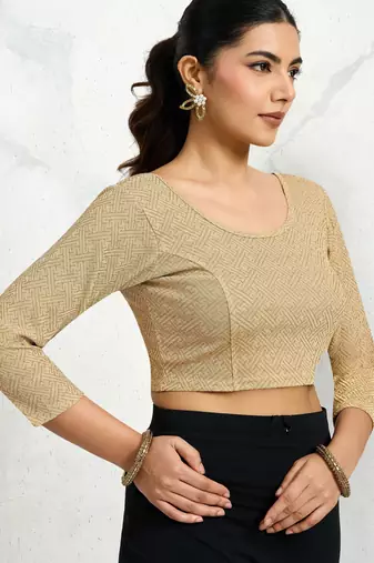Polyester elastane zari stretchable elbow sleeve ready to wear blouse for women