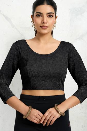 Polyester elastane zari stretchable elbow sleeve ready to wear blouse for women