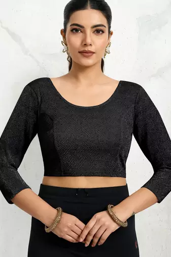 Polyester elastane zari stretchable elbow sleeve ready to wear blouse for women