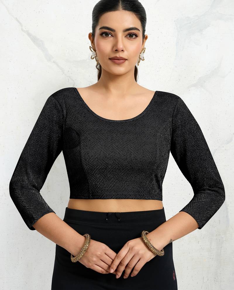 Polyester elastane zari stretchable elbow sleeve ready to wear blouse for women