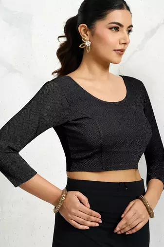 Polyester elastane zari stretchable elbow sleeve ready to wear blouse for women