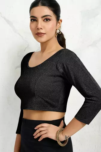 Polyester elastane zari stretchable elbow sleeve ready to wear blouse for women