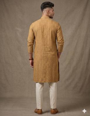 Wood brown woven striped work premium khadi cotton straight mandarin collar men's kurta 2