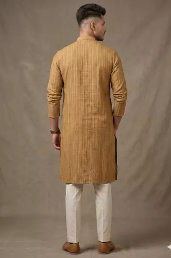 Wood brown woven striped work premium khadi cotton straight mandarin collar men's kurta