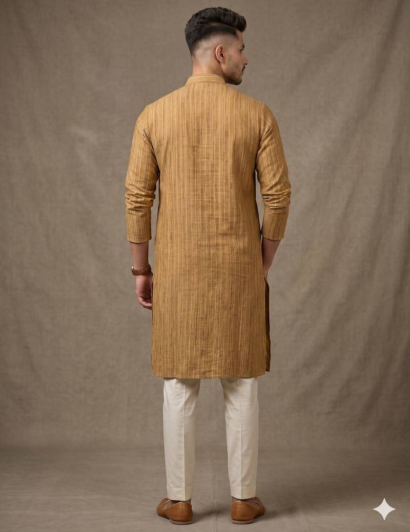Wood brown woven striped work premium khadi cotton straight mandarin collar men's kurta