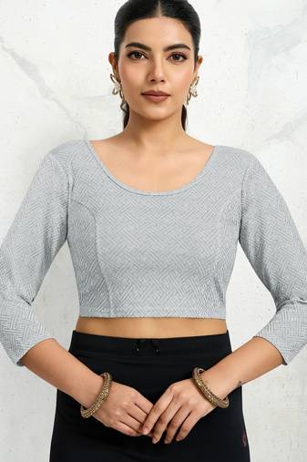 Polyester elastane zari stretchable elbow sleeve ready to wear blouse for women
