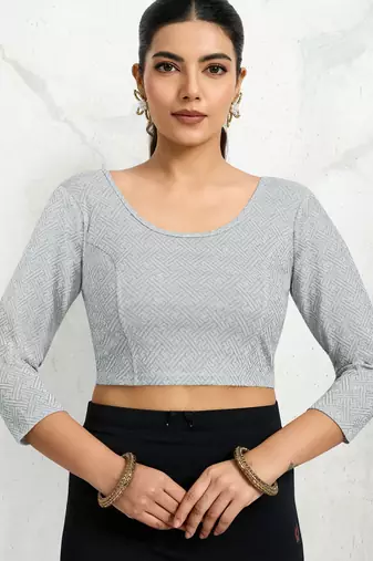 Polyester elastane zari stretchable elbow sleeve ready to wear blouse for women