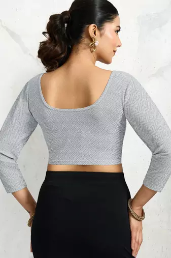 Polyester elastane zari stretchable elbow sleeve ready to wear blouse for women